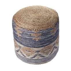Natural Jute Navy Gray Geometric Pouf by LR Home