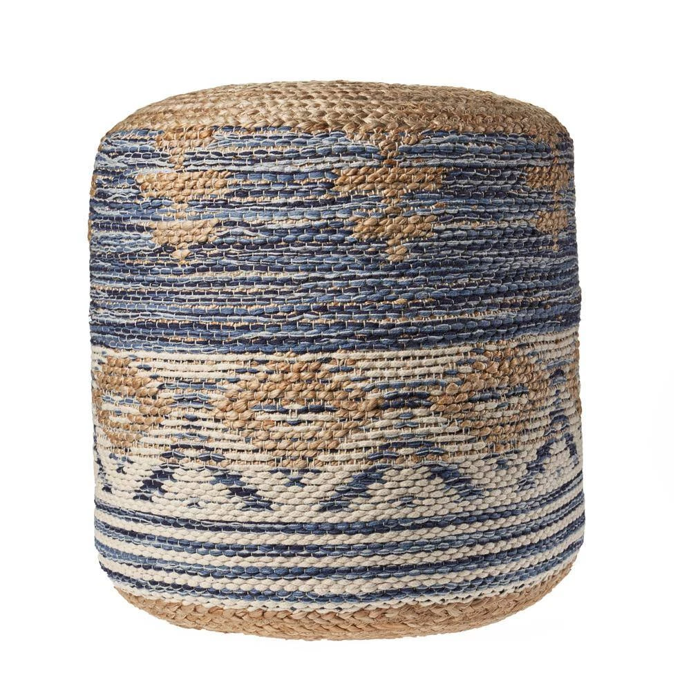 Natural Jute Navy Gray Geometric Pouf by LR Home 5 Natural Jute Navy Gray Geometric Pouf by LR Home - Image 3