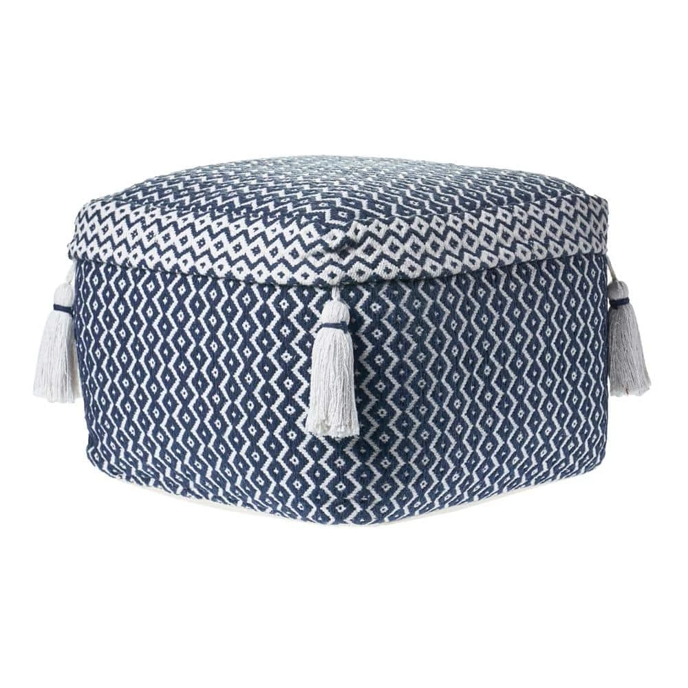 Tassel Navy / Ivory Diamond Pouf by LR Home 3 Tassel Navy / Ivory Diamond Pouf by LR Home