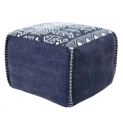 Simple Navy Blue / White Southwestern Traditional Tribal Pouf Ottoman by LR Home