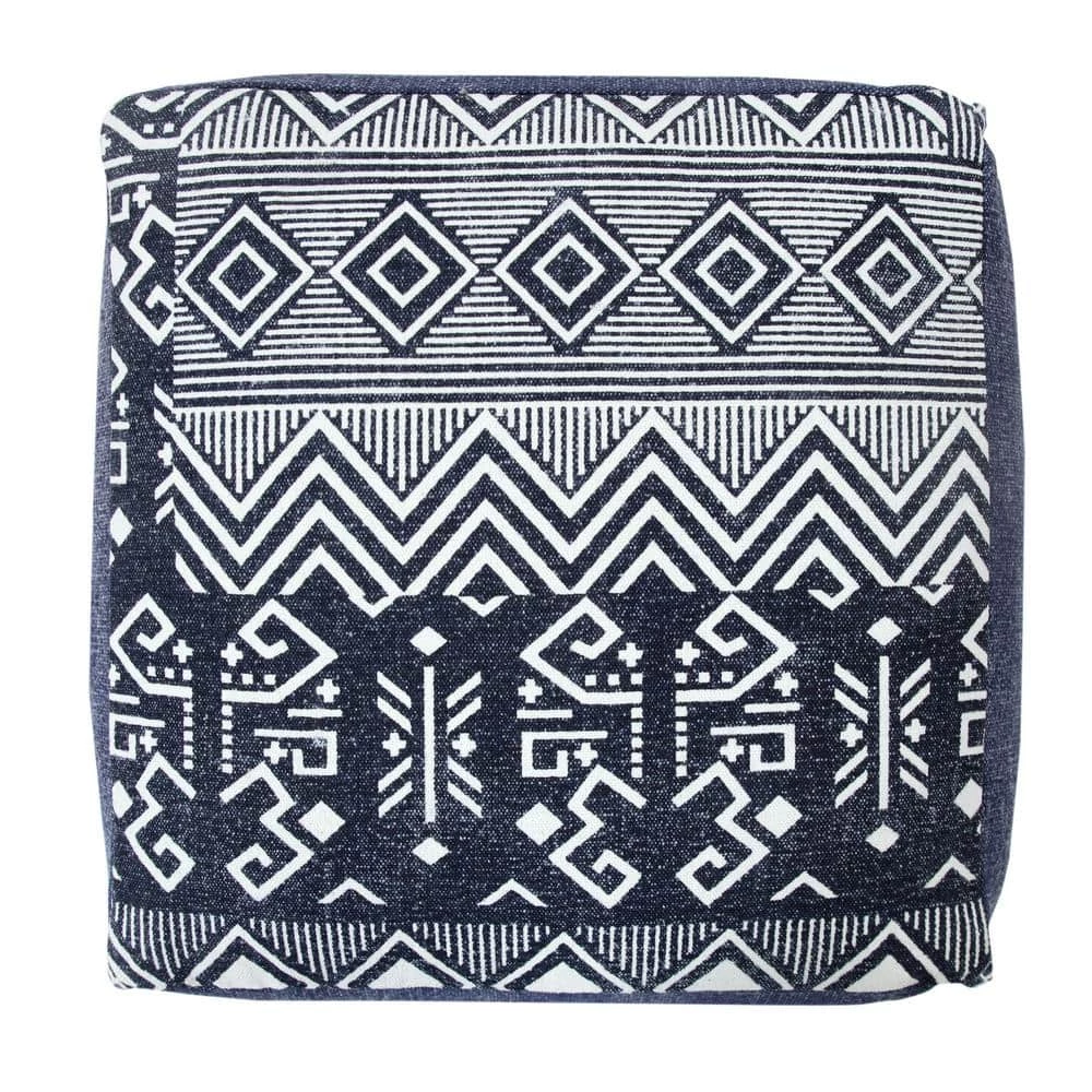 Simple Navy Blue / White Southwestern Traditional Tribal Pouf Ottoman by LR Home 5 Simple Navy Blue / White Southwestern Traditional Tribal Pouf Ottoman by LR Home - Image 3