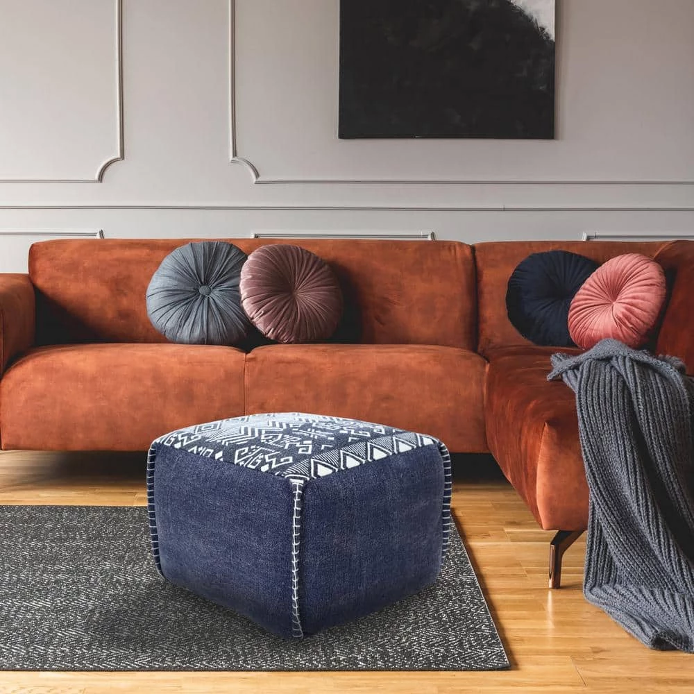 Simple Navy Blue / White Southwestern Traditional Tribal Pouf Ottoman by LR Home 10 Simple Navy Blue / White Southwestern Traditional Tribal Pouf Ottoman by LR Home - Image 8