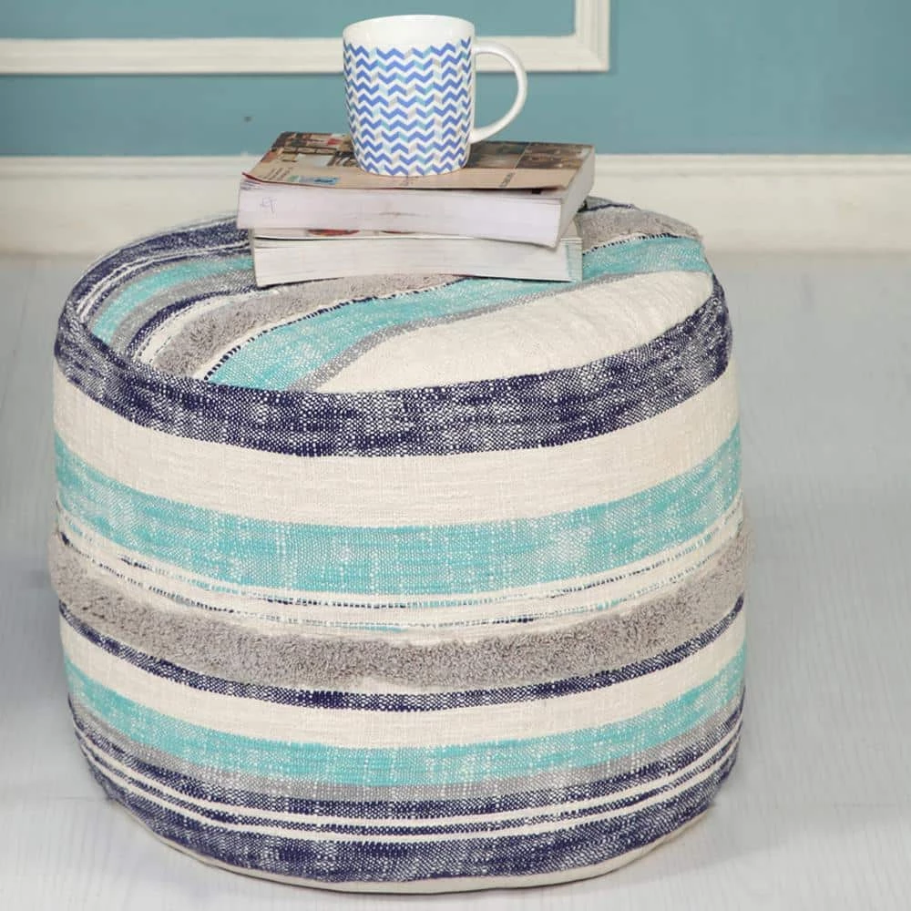 Casual Striped 18 in. x 14 in. Ocean Blue Indoor Ottoman Pouf by LR Home 7 Casual Striped 18 in. x 14 in. Ocean Blue Indoor Ottoman Pouf by LR Home - Image 5