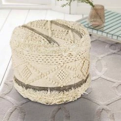 Scandinavian Tufted Off-White Gray Shaggy Lodge Pouf by LR Home -Cheap LR Home Store off white gray lr home ottomans poufs99758wgy1612 31 1000