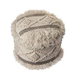 Scandinavian Tufted Off-White Gray Shaggy Lodge Pouf by LR Home