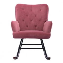 Pink Modern Velvet Tufted Rocking Accent Chair with Wood Base by HOMEFUN