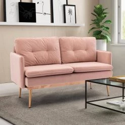 56 in. Wide Pink Modern Velvet Upholstered 2-Seater Loveseat with Rose Golden Metal Legs by HOMEFUN 21 56 in. Wide Pink Modern Velvet Upholstered 2-Seater Loveseat with Rose Golden Metal Legs by HOMEFUN -Cheap LR Home Store pink homefun loveseats hfhdsn 865pk 31 1000