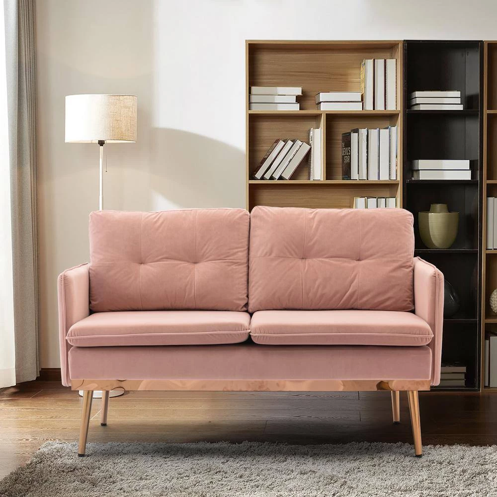 56 in. Wide Pink Modern Velvet Upholstered 2-Seater Loveseat with Rose Golden Metal Legs by HOMEFUN 6 56 in. Wide Pink Modern Velvet Upholstered 2-Seater Loveseat with Rose Golden Metal Legs by HOMEFUN - Image 4