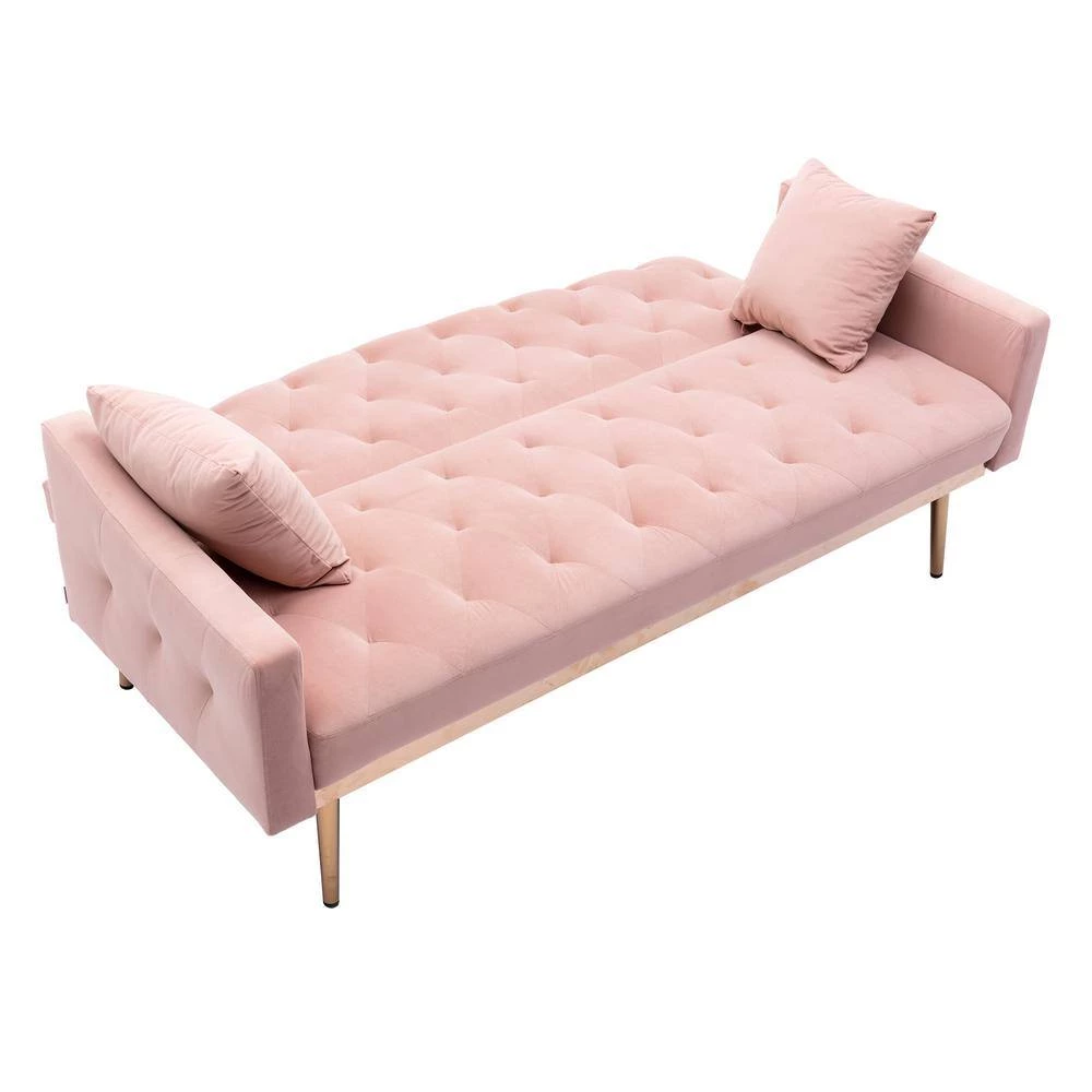 65 in Pink Velvet Upholstered Tufted Convertible Sofa Bed with Golden Metal Legs by HOMEFUN 8 65 in Pink Velvet Upholstered Tufted Convertible Sofa Bed with Golden Metal Legs by HOMEFUN - Image 6