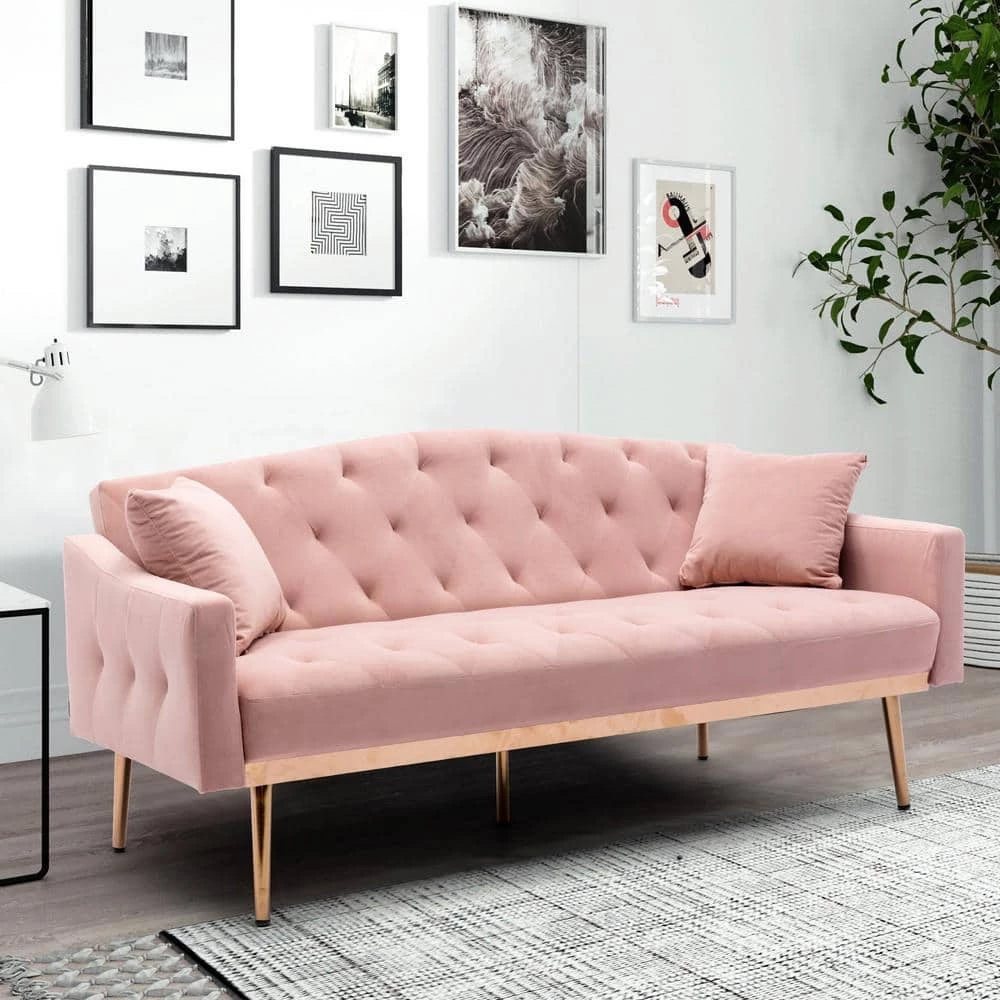 65 in Pink Velvet Upholstered Tufted Convertible Sofa Bed with Golden Metal Legs by HOMEFUN 12 65 in Pink Velvet Upholstered Tufted Convertible Sofa Bed with Golden Metal Legs by HOMEFUN - Image 10