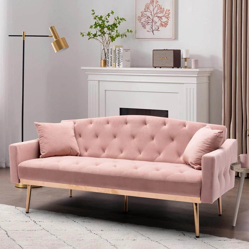 65 in Pink Velvet Upholstered Tufted Convertible Sofa Bed with Golden Metal Legs by HOMEFUN 7 65 in Pink Velvet Upholstered Tufted Convertible Sofa Bed with Golden Metal Legs by HOMEFUN - Image 5
