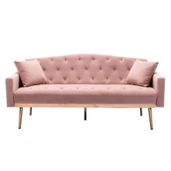 65 in Pink Velvet Upholstered Tufted Convertible Sofa Bed with Golden Metal Legs by HOMEFUN