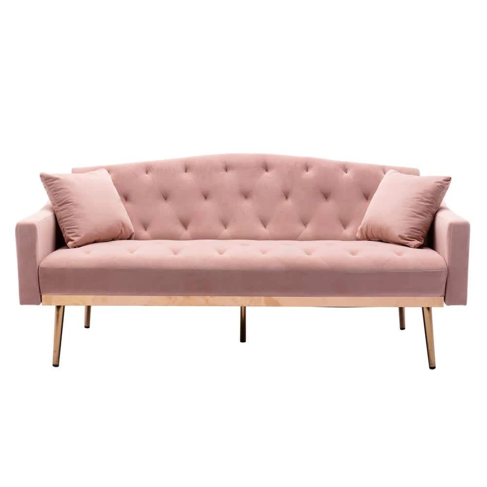 65 in Pink Velvet Upholstered Tufted Convertible Sofa Bed with Golden Metal Legs by HOMEFUN 3 65 in Pink Velvet Upholstered Tufted Convertible Sofa Bed with Golden Metal Legs by HOMEFUN