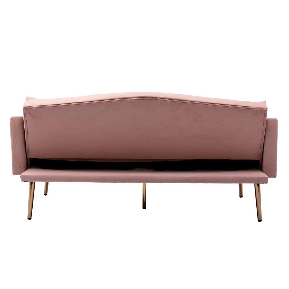 65 in Pink Velvet Upholstered Tufted Convertible Sofa Bed with Golden Metal Legs by HOMEFUN 5 65 in Pink Velvet Upholstered Tufted Convertible Sofa Bed with Golden Metal Legs by HOMEFUN - Image 3