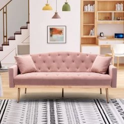 65 in Pink Velvet Upholstered Tufted Convertible Sofa Bed with Golden Metal Legs by HOMEFUN 15 65 in Pink Velvet Upholstered Tufted Convertible Sofa Bed with Golden Metal Legs by HOMEFUN -Cheap LR Home Store pink homefun sofa beds hfhdsn 8830pk c3 1000