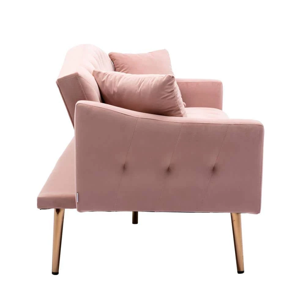 65 in Pink Velvet Upholstered Tufted Convertible Sofa Bed with Golden Metal Legs by HOMEFUN 4 65 in Pink Velvet Upholstered Tufted Convertible Sofa Bed with Golden Metal Legs by HOMEFUN - Image 2