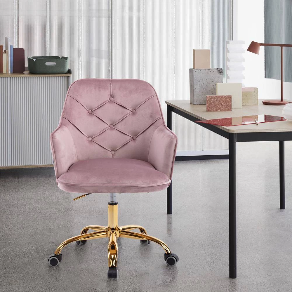 Pink Velvet Upholstered Swivel Homeoffice Height Adjustable Task Chair with Gold Base and 360° Castor Wheels by HOMEFUN 5 Pink Velvet Upholstered Swivel Homeoffice Height Adjustable Task Chair with Gold Base and 360° Castor Wheels by HOMEFUN - Image 3