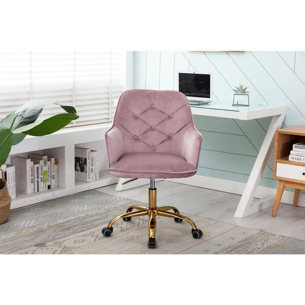 Pink Velvet Upholstered Swivel Homeoffice Height Adjustable Task Chair with Gold Base and 360° Castor Wheels by HOMEFUN 9 Pink Velvet Upholstered Swivel Homeoffice Height Adjustable Task Chair with Gold Base and 360° Castor Wheels by HOMEFUN - Image 7