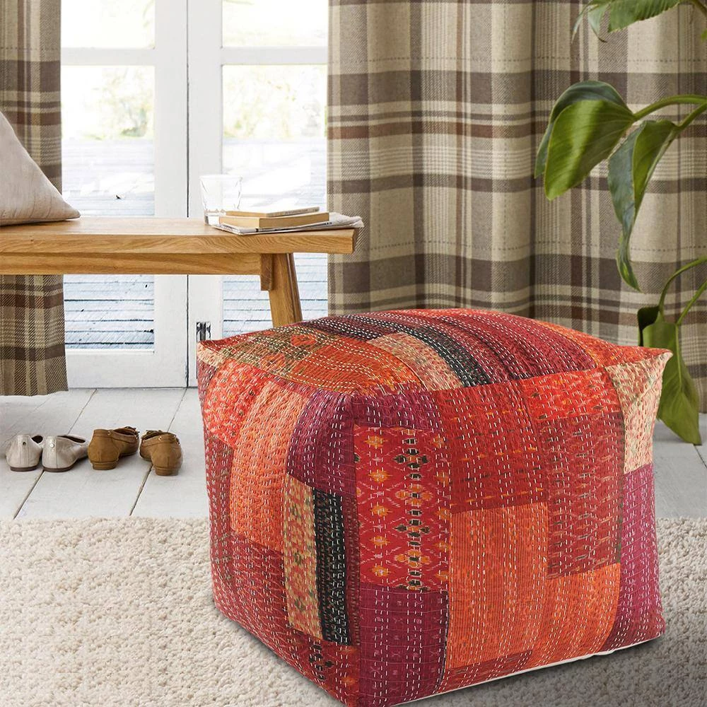 Kantha Patchwork Red Handmade Crimson Pouf Ottoman by LR Home 6 Kantha Patchwork Red Handmade Crimson Pouf Ottoman by LR Home - Image 4
