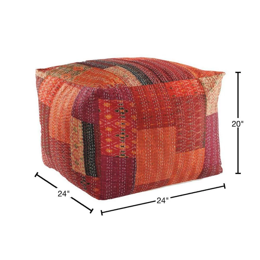 Kantha Patchwork Red Handmade Crimson Pouf Ottoman by LR Home 4 Kantha Patchwork Red Handmade Crimson Pouf Ottoman by LR Home - Image 2