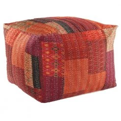 Kantha Patchwork Red Handmade Crimson Pouf Ottoman by LR Home