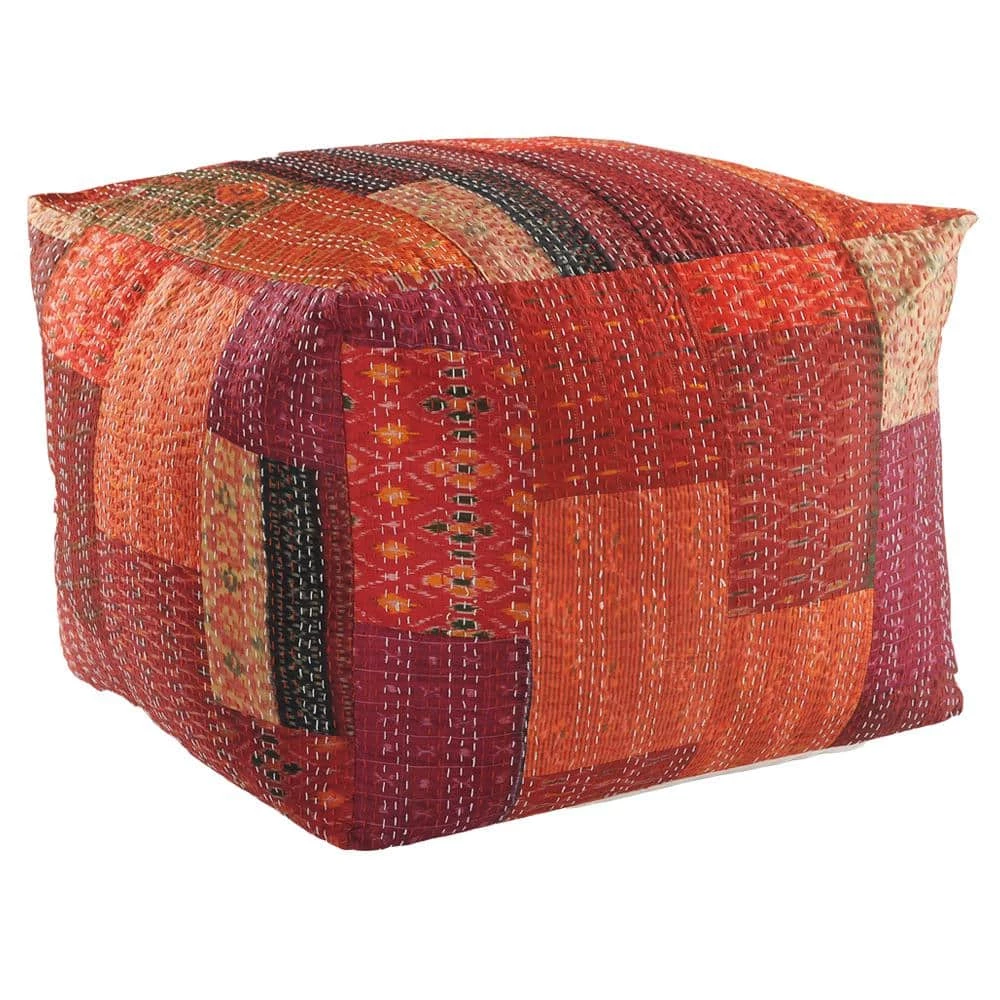 Kantha Patchwork Red Handmade Crimson Pouf Ottoman by LR Home 3 Kantha Patchwork Red Handmade Crimson Pouf Ottoman by LR Home