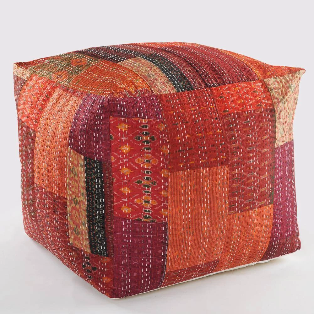 Kantha Patchwork Red Handmade Crimson Pouf Ottoman by LR Home 5 Kantha Patchwork Red Handmade Crimson Pouf Ottoman by LR Home - Image 3