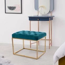Teal Golden Metal Base Bench Button Tufted Square Ottoman by HOMEFUN 11 Teal Golden Metal Base Bench Button Tufted Square Ottoman by HOMEFUN -Cheap LR Home Store teal homefun rockers gliders ottomans hfhdsn 867tl 4f 1000