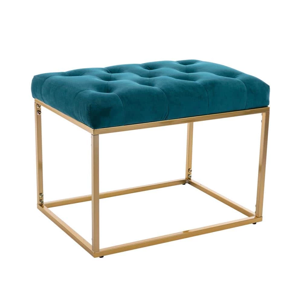 Teal Golden Metal Base Bench Button Tufted Square Ottoman by HOMEFUN 3 Teal Golden Metal Base Bench Button Tufted Square Ottoman by HOMEFUN
