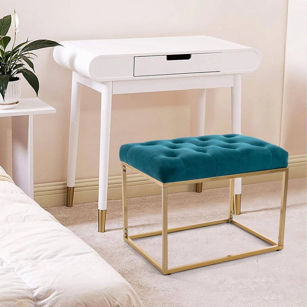 Teal Golden Metal Base Bench Button Tufted Square Ottoman by HOMEFUN 4 Teal Golden Metal Base Bench Button Tufted Square Ottoman by HOMEFUN - Image 2