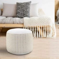 Handcrafted White / Beige Dashing Geometric Natural Jute Pouf by LR Home -Cheap LR Home Store white beige lr home ottomans poufs34029ntw1612 31 1000