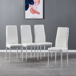White Modern Leather Upholstered Diamond Grid Pattern Dining Chair with Metal Legs (Set of 6) by HOMEFUN -Cheap LR Home Store white homefun dining chairs hfhdsn 030wh 6 31 1000