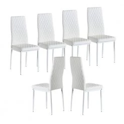 White Modern Leather Upholstered Diamond Grid Pattern Dining Chair with Metal Legs (Set of 6) by HOMEFUN