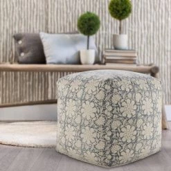 20 in. White/Navy Bohemian Cottage Floral Cube Pouf by LR Home -Cheap LR Home Store white navy lr home ottomans poufs34027mlt1818 31 1000