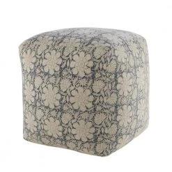 20 in. White/Navy Bohemian Cottage Floral Cube Pouf by LR Home
