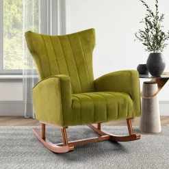 Yellow Green Modern Velvet Upholstered Wingback Rocking Armchair with Wood Base by HOMEFUN -Cheap LR Home Store yellow green homefun accent chairs hfhdsn 199yg 4f 1000