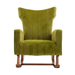 Yellow Green Modern Velvet Upholstered Wingback Rocking Armchair with Wood Base by HOMEFUN