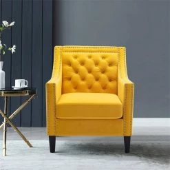 Yellow Modern Velvet Upholstery Accent Chair with Nailheads and Solid Wood Legs by HOMEFUN -Cheap LR Home Store yellow homefun accent chairs hfhdsn 860ye 31 1000