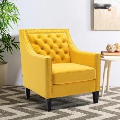 Yellow Modern Velvet Upholstery Accent Chair with Nailheads and Solid Wood Legs by HOMEFUN -Cheap LR Home Store yellow homefun accent chairs hfhdsn 860ye 4f 1000
