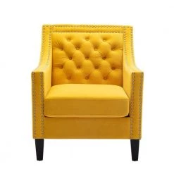 Yellow Modern Velvet Upholstery Accent Chair with Nailheads and Solid Wood Legs by HOMEFUN
