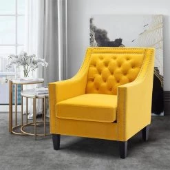 Yellow Modern Velvet Upholstery Accent Chair with Nailheads and Solid Wood Legs by HOMEFUN -Cheap LR Home Store yellow homefun accent chairs hfhdsn 860ye c3 1000
