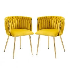 Modern Yellow Velvet Leisure Dining Chair with Metal Legs (Set of 2) by HOMEFUN
